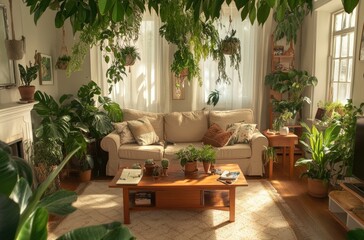 A cozy living room with lush green plants and a beige sofa, creating an inviting atmosphere for relaxation and home decor.
