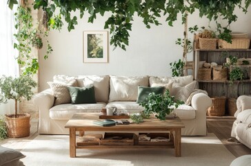 A cozy living room with lush green plants and a beige sofa, creating an inviting atmosphere for relaxation and home decor.