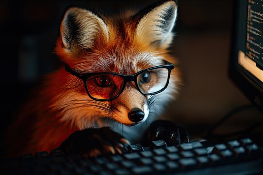 cunning fox with glasses programs on a computer, funny technology concept. dark room