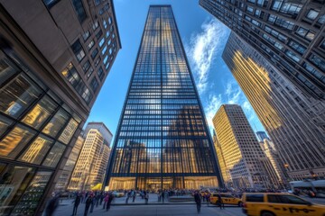 A towering skyscraper highlights modern architecture in a vibrant city, reflecting the lively urban scene