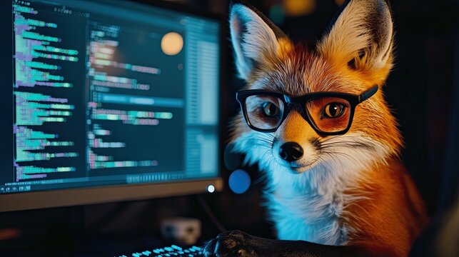 cunning fox with glasses programs on a computer, funny technology concept. dark room