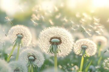 A close-up of a dandelion seed head with seeds drifting in sunlight, highlighting nature's fragility