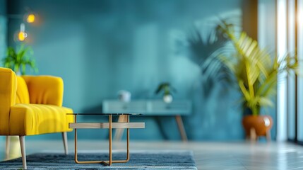 Modern living room with yellow armchair and coffee table.
