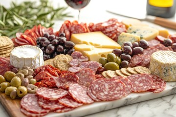 Elegant charcuterie board offers a tempting mix of cured meats, cheeses, and olives artfully arranged