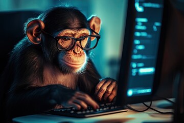 monkey with glasses programs on a computer, funny technology concept. dark room.