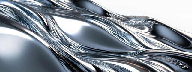 Liquid metal flow, abstract chrome waves, dynamic fluid motion, shiny silver surface, sleek metallic texture, futuristic design, glossy reflection, 3D rendering, high contrast, smooth curves, digital 