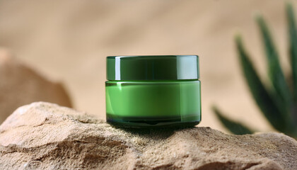 Green glass cream jar on rocky sandy surface. Cosmetic product. Beauty and skin care concept.