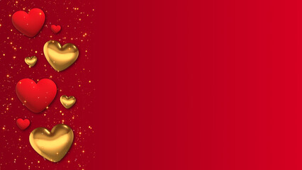 valentines day background with red and golden 3d hearts,shiny glitter gold stars,romantic love background