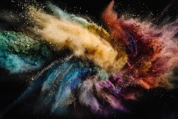 Fototapeta premium Vibrant powder particles swirl and explode against a black background, creating a lively display of color and texture
