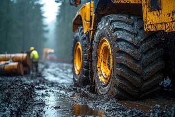 Muddy forest road with heavy machinery and logging operation