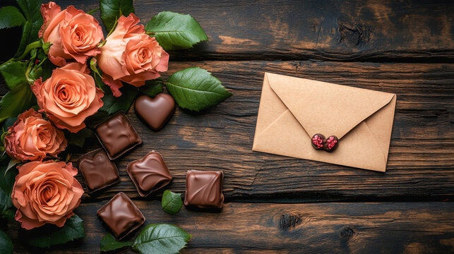 A romantic setup featuring peach roses, heart-shaped chocolates, and a sealed kraft envelope on rustic wooden planks, embodying love, charm, and the essence of Valentine's Day celebrations.