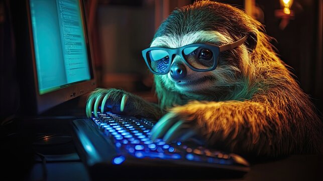 sloth with glasses programs on a computer, funny technology concept. dark room.