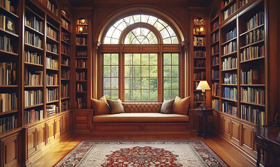A lavishly decorated home library with sophisticated furnishings, Luxurious home library, floor-to-ceiling bookshelves, ornate wooden paneling