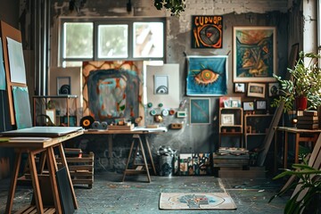 Artist's studio filled with vibrant paintings and creative tools.