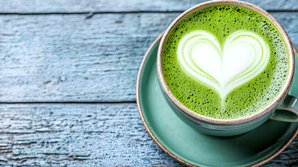 A vibrant matcha latte art in a turquoise cup on a rustic wooden table.