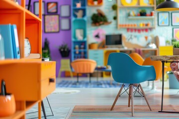 Vibrant colorful room interior with modern furniture and decor.