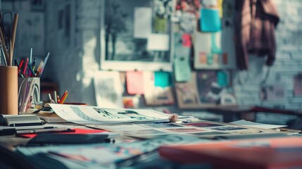 Creative workspace with papers, art supplies, and inspiration board.