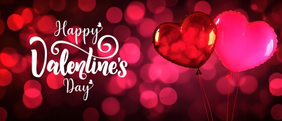 Happy Valentines Day: Romantic Red and Pink Heart Balloons on Bokeh Background