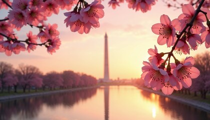 Washington Monument framed by cherry blossoms at sunrise, reflecting in the water, during the National Cherry Blossom Festival
