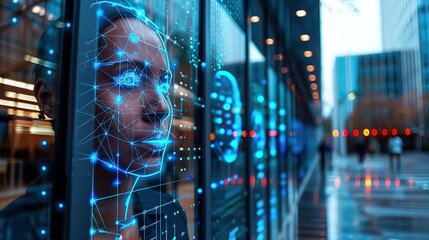 Digital face superimposed on a person in an urban setting.