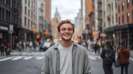 Young man smiles in busy urban street surrounded by pedestrians on a cloudy day
