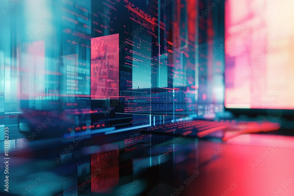 Poster digital data streams across multiple screens in a vibrant display of technology.