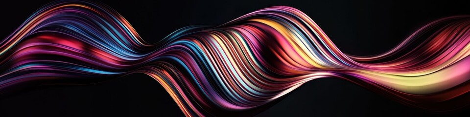 abstract waves, flowing lines, vibrant colors, neon, purple, blue, orange, black background, dynamic motion, digital art, fluid curves, 3D render, futuristic, psychedelic, colorful ribbons, energy flo