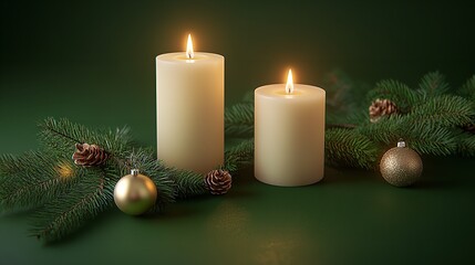 Two candles glowing on a green background with holiday decoration