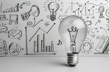 Lightbulb idea with growth charts and business sketches.