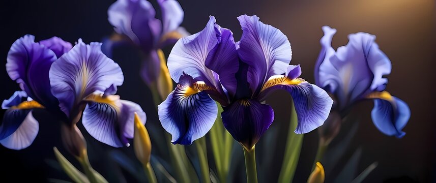 A closeup of freshly bloomed iris flowers showcasing unique colors and patterns