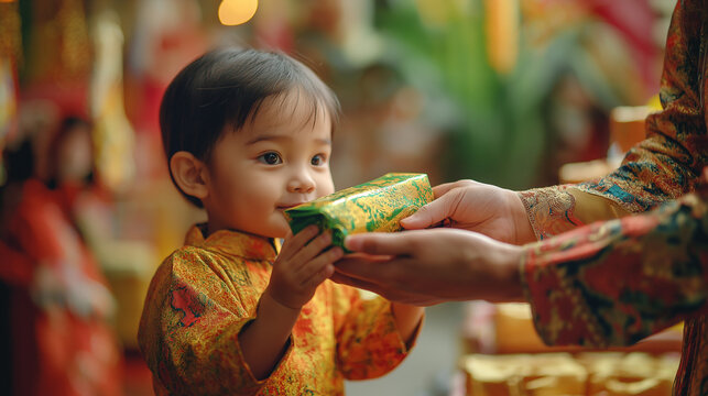 Giving of Duit Raya: A close-up of a child&rsquo;s hands receiving a green duit raya packet from an elder, with vibrant traditional attire and festive decorations framing the scene