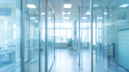 Modern office hallway with glass partitions and bright lighting.