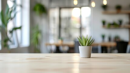 Small succulent plant on a wooden table in a cafe.