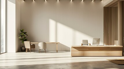 Modern minimalist office reception area with natural light.