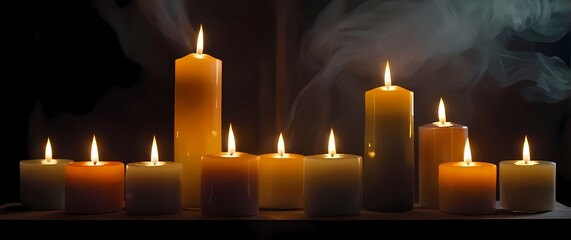 A collection of handmade candles arranged artistically in a glowing display