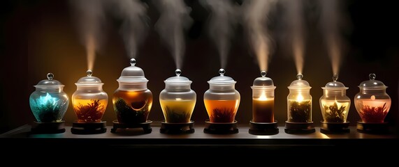 A collection of fine teas beautifully arranged in decorative containers