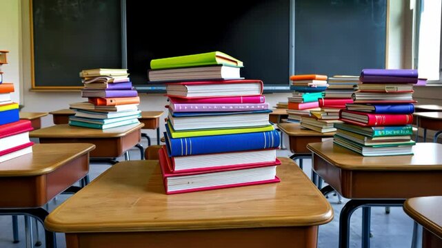 Classroom filled with stacks of colorful books on desks, emphasizing learning and organization in an educational setting