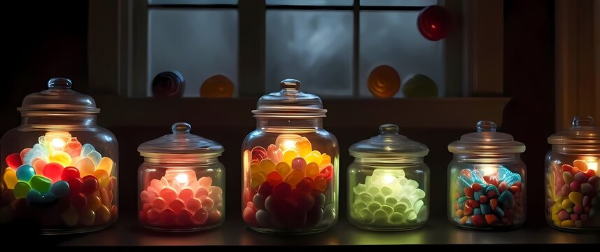 A collection of retro candies displayed in jars evoking childhood memories