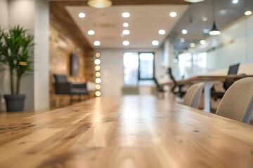 Modern office workspace with a long wooden table and comfortable chairs.