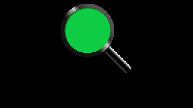 Animation of realistic magnifier over green chroma and white background. A magnifying glass is moving over a black screen for overlay.