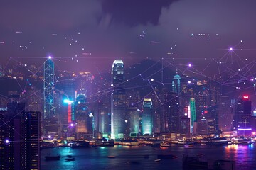 Night cityscape with digital network overlay
