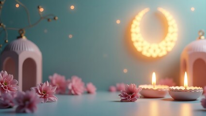 Islamic background with pastel gradient color, Arabic lanterns, crescent moon, candles, dates, and mosque. illustration design concept for ramadan kareen, ied mubarak, iftar