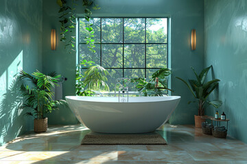 Fototapeta premium bathroom with a large window overlooking a green garden with red flowers. 