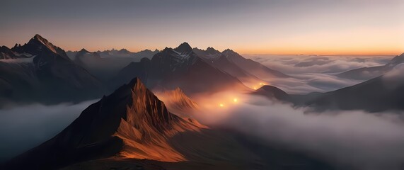 A dramatic mountain valley during sunrise with illuminated peaks
