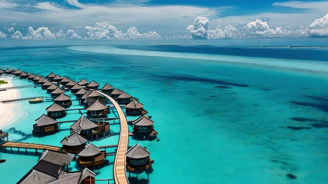 Aerial view of tropical resort with overwater bungalows set against vibrant blue ocean and sky, evoking relaxation and escape