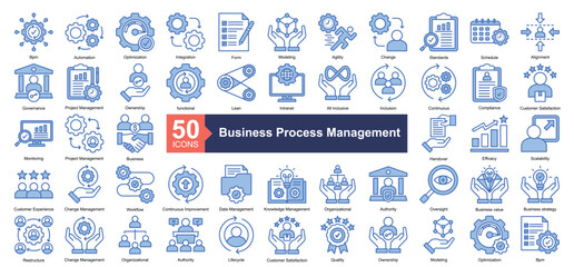 Business Process Management Icon Collection Set.Containing Bpm, Automation, Optimization, Integration, Form, Modeling, Agility, Change, Standards, Schedule icon. Simple blue style Vector Illustration.