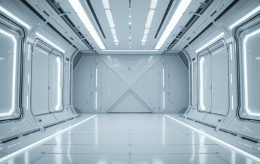 Obraz premium Futuristic Perspective Background with Hidden Lighting, White Floor, and Ceiling, Perfect for Modern Showroom or Tech Design
