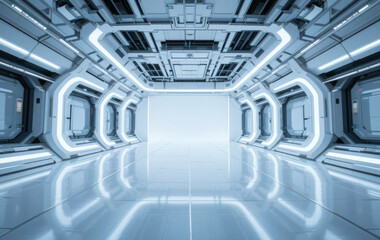 Obraz premium Futuristic Perspective Background with Hidden Lighting, White Floor, and Ceiling, Perfect for Modern Showroom or Tech Design