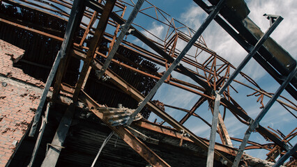 destroyed and burned houses in the city in Ukraine