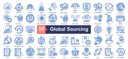 Global Sourcing Icon Collection Set.Containing optimization, supply chain, outsourcing, supplier, cost management, market research, mitigation icon. Simple blue style Vector Illustration.